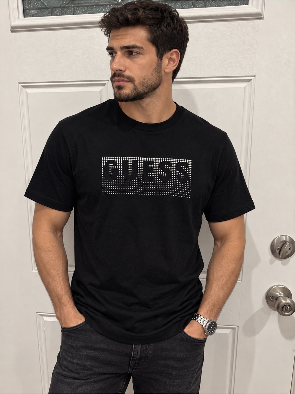 Guess Men's Black Short-Sleeve Tee with Studded Logo